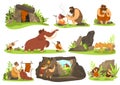 Primitive people in Stone Age, caveman life, vector illustration