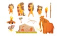 Primitive People and Stone Age Symbols Set, Prehistoric Family, Mammoth, Cave Drawings and Tools Vector Illustration