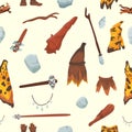 Primitive people stoneage aboriginal primeval historic hunting stoneage caveman people weapon and house life symbols Royalty Free Stock Photo