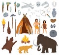 Primitive people vector mammoth and ancient caveman character in stone age cave illustration prehistoric man with stoned Royalty Free Stock Photo