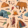 Primitive people vector primeval neanderthal character and ancient caveman fire in stone age cave illustration