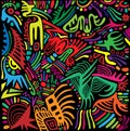 Primitive psychedelic colorful patterns, isolated on black background. Fantastic art with decorative simple background