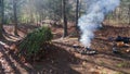 Primitive Spring A frame Survival Shelter in the Blue Ridge Mountains near Asheville, North Carolina. Bushcraft camp setup in the