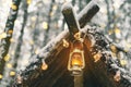 Primitive survival shelter in winter forest decorated with garlands and light of kerosene lamp. Christmas postcard background Royalty Free Stock Photo