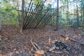 Primitive Tarp Shelter with campfire and fairy lights. Survival Bushcraft setup in the Blue Ridge Mountains near Asheville. During Royalty Free Stock Photo