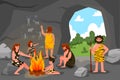 Primitive tribe cave people. Stone age. Primal painting. Ancient tribesmen. Rock drawing. Man and woman around bonfire Royalty Free Stock Photo