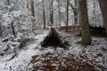 Primitive Winter Tarp Survival Shelter in the Blue Ridge Mountains near Asheville, North Carolina. Bushcraft camp setup in the Royalty Free Stock Photo