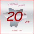 Primium Special Offer Discount Banner With 20% Off Hurry Up Text On Silver Grey Triangle Label With Glossy Red Frame