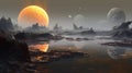 Primordial alien world with dark rocky terrain, shallow lakes, and a large orange moon reflecting in water. Generative AI