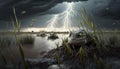 Primordial alien world with ponds and lakes inhabited by large, mean frog-like creatures. Lightning storm. Generative AI