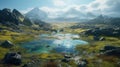 Primordial tundra landscape with shallow ponds of blue water, mountains, and hills covered with moss and lichen. Generative AI