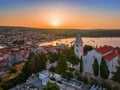 Primosten, Croatia - Aerial view of St. George\'s Church and cemetery on Primosten peninsula and old town on a summer morning Royalty Free Stock Photo