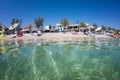 Primosten, Croatia - 12 July, 2019: Summer holiday on the beach, view from the sea, Primosten, Croatia. Scenic seascape