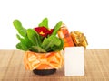Primula on bamboo cloth, gift box and card Royalty Free Stock Photo