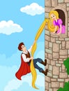 Prince climbing tower using long hair Royalty Free Stock Photo