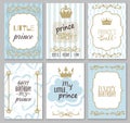 Prince frames. Cute boy party invitation shower or sweet photo borders for elegant blue decor of card vector templates Royalty Free Stock Photo