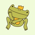 Prince frog. Cute cartoon doodle toad wearing crown like a princess. Royalty Free Stock Photo