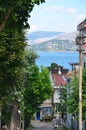 The Prince Islands Buyukada . Istanbul. View to usual street. Beautiful blue sky with white clouds, green trees, houses and sea.