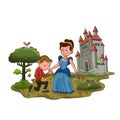 The prince kissed the princess`s hand in front of the castle cartoon illustration
