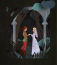 Prince and Princes fairy tale book cover illustration. Couple of character in front of magic forest