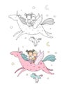 Prince and princess are flying on a unicorn. Cute cartoon kids and magic pony.