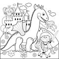 Prince and princess in the castle fairy tale for children. Vector black and white coloring page. Royalty Free Stock Photo