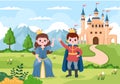 Prince and Queen in Front of the Castle with Majestic Palace Architecture and Fairytale Like Forest Scenery in Cartoon Flat Style Royalty Free Stock Photo