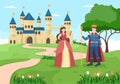 Prince and Queen in Front of the Castle with Majestic Palace Architecture and Fairytale Like Forest Scenery in Cartoon Flat Style Royalty Free Stock Photo