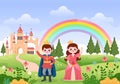 Prince and Queen in Front of the Castle with Majestic Palace Architecture and Fairytale Like Forest Scenery in Cartoon Flat Style Royalty Free Stock Photo