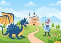 Prince, Queen and Knight with Dragon in Front of the Castle with Majestic Palace Architecture and Fairytale Like Forest Scenery Royalty Free Stock Photo