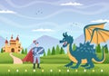 Prince, Queen and Knight with Dragon in Front of the Castle with Majestic Palace Architecture and Fairytale Like Forest Scenery Royalty Free Stock Photo