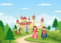 Prince, Queen and Knight with Horse in Front of the Castle with Majestic Palace Architecture and Fairytale Like Forest Scenery Royalty Free Stock Photo