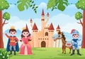 Prince, Queen and Knight with Horse in Front of the Castle with Majestic Palace Architecture and Fairytale Like Forest Scenery Royalty Free Stock Photo