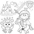 Prince riding a horse fairy tale set. Vector black and white coloring page.