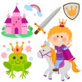 Prince riding a horse. Fairy tale vector illustration set. Royalty Free Stock Photo