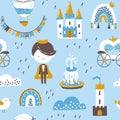 Prince seamless pattern. Vector illustration of cute boy character in fairy kingdom in simple hand drawn cartoon style