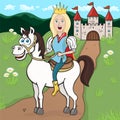 Prince on a white horse, cartoon drawing, vector illustration, animated character. Funny cute smiling prince blond boy with blue e