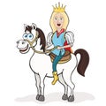 Prince on a white horse, cartoon drawing, vector illustration, animated character. Funny cute smiling prince blond boy with blue e