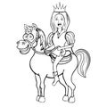 Prince on white horse cartoon outline drawing, coloring, sketch, silhouette, vector black and white line illustration. Funny cute Royalty Free Stock Photo