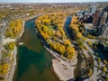 Princes Island Park autumn foliage scenery. Aerial view of Downtown City of Calgary