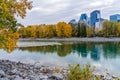 Princes Island Park autumn foliage scenery. Bow river bank, downtown Calgary