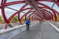 Princes Island Park Peace bridge. Autumn foliage scenery in downtown Calgary Bow river bank Royalty Free Stock Photo