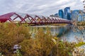 Princes Island Park Peace bridge. Autumn foliage scenery in downtown Calgary Bow river bank