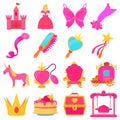 Princess accessories icons set, cartoon style