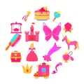 Princess accessories icons set, cartoon style
