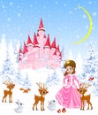 Little princess and deer, castle, winter, forest Royalty Free Stock Photo