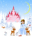Princess, castle, animals, winter, forest Royalty Free Stock Photo