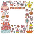 Princess birthday party for little girls. Kindergarten, school children picture. Illustration for children with castle Royalty Free Stock Photo