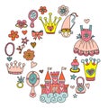 Princess birthday party for little girls. Kindergarten, school children picture. Illustration for children with castle