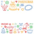 Princess birthday party for little girls. Kindergarten, school children picture. Illustration for children with castle Royalty Free Stock Photo